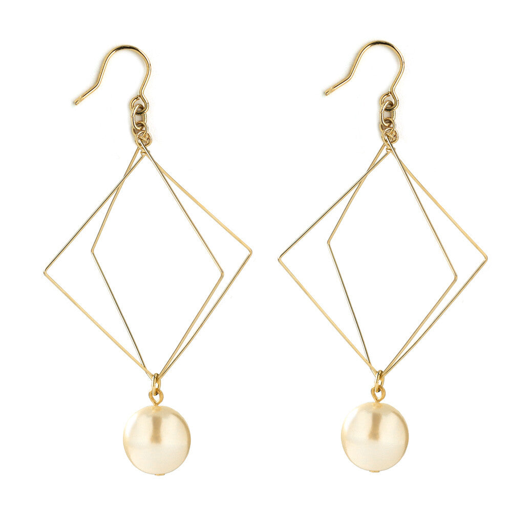 Pierced Earrings - Gold Post Square Motif with Pearl