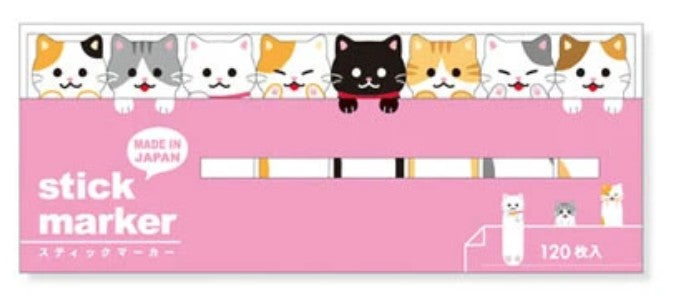 Pink stick marker packaging featuring cartoon cat illustrations along the top and a row of marker tips shown across the center. The text reads 'stick marker' and '120枚入'.