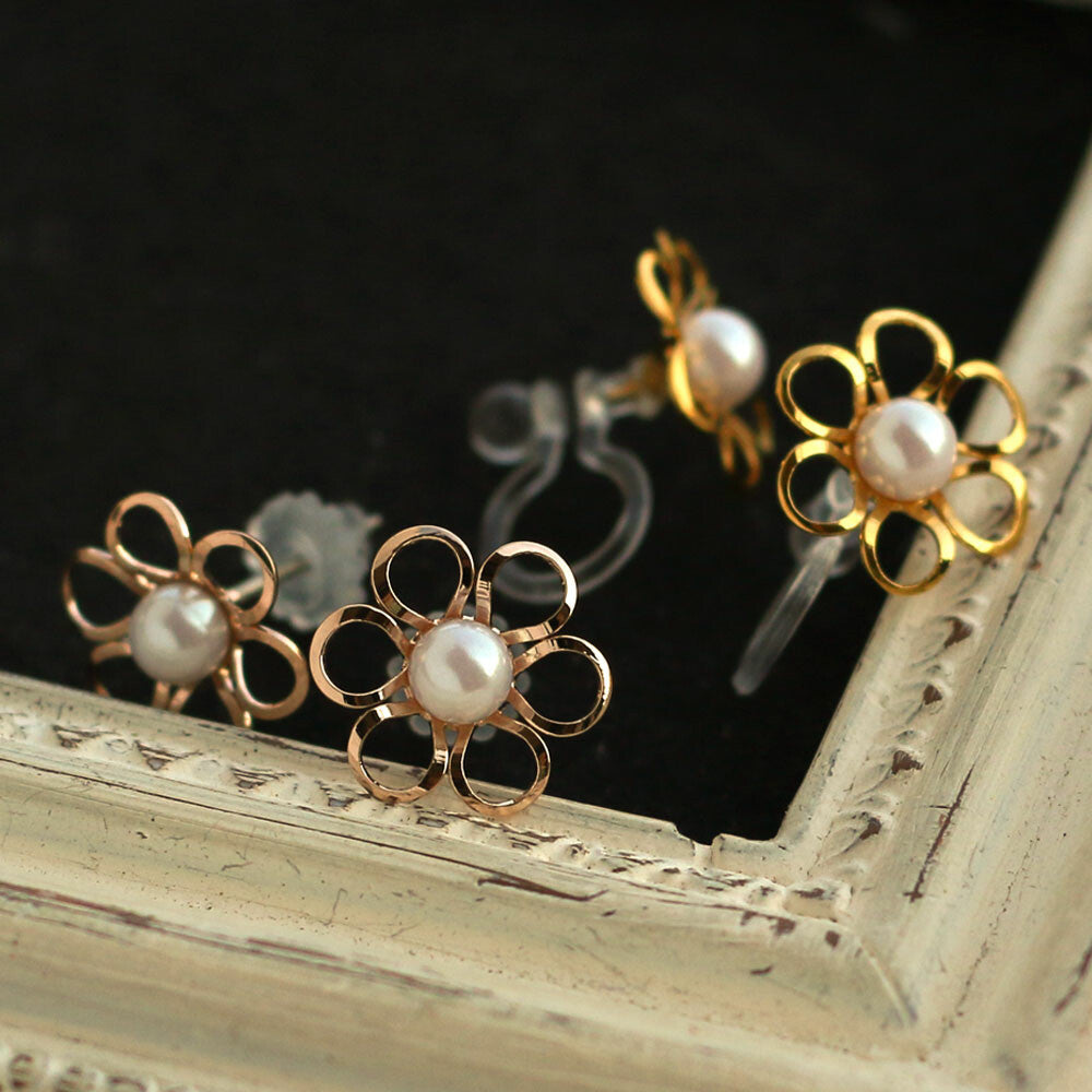 Flower - Clip on Earrings - Pink Gold